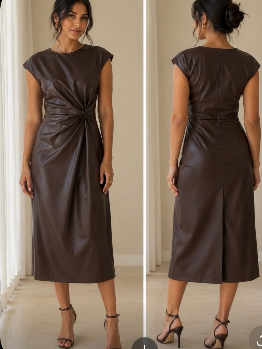 Zara Dark Brown Twist-Front Midi Dress